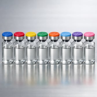 a series of clear glass vials are lined up whith transparent  liquid in there  each sealed with a shiny aluminum crimp seal topped with a colorful fl-1