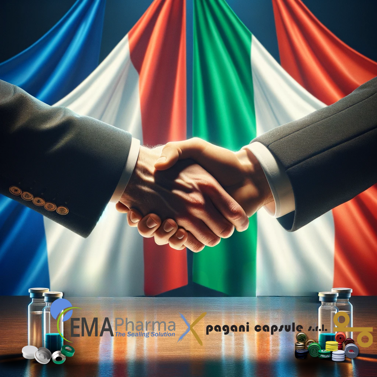 French and Italian flags with handshake signifying partnership between pagani capsule and EMA Pharmaceuticals 
